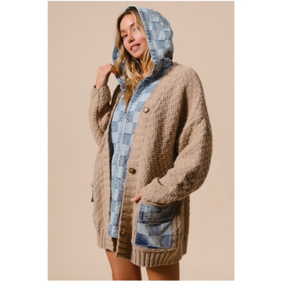 Cozy Checkered Plaid Denim Mixed Fabric Knit Cardigan Jacket Shacket - Picture 4 of 8